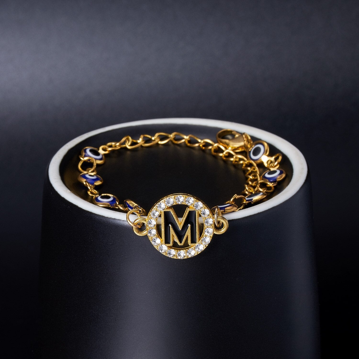 Gold Color Bangle Rhinestone Blue Eyes Letter Bracelet For Women