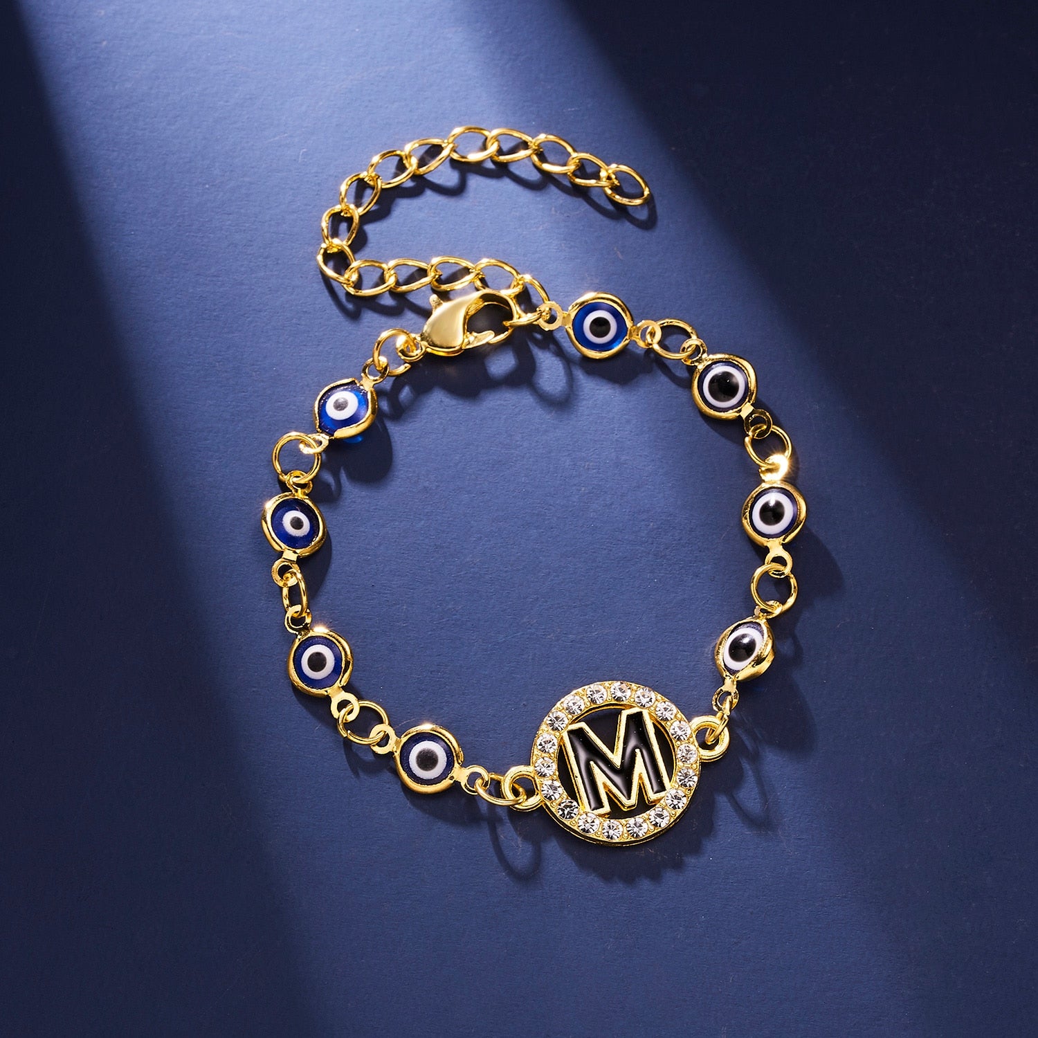 Gold Color Bangle Rhinestone Blue Eyes Letter Bracelet For Women
