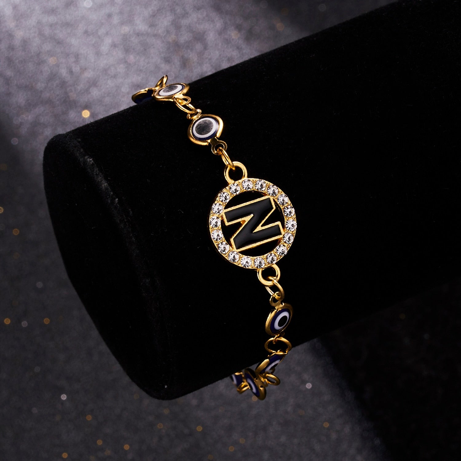 Gold Color Bangle Rhinestone Blue Eyes Letter Bracelet For Women