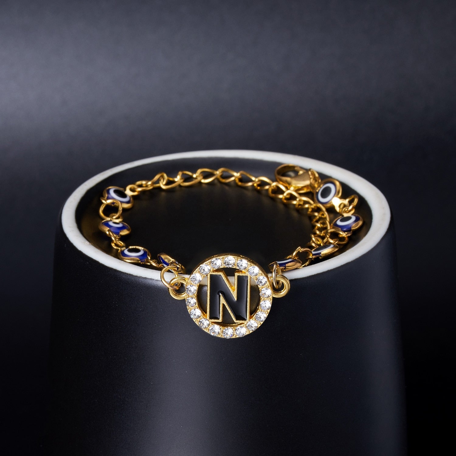 Gold Color Bangle Rhinestone Blue Eyes Letter Bracelet For Women