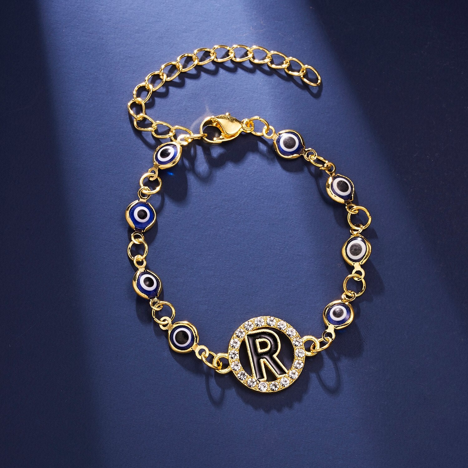 Gold Color Bangle Rhinestone Blue Eyes Letter Bracelet For Women