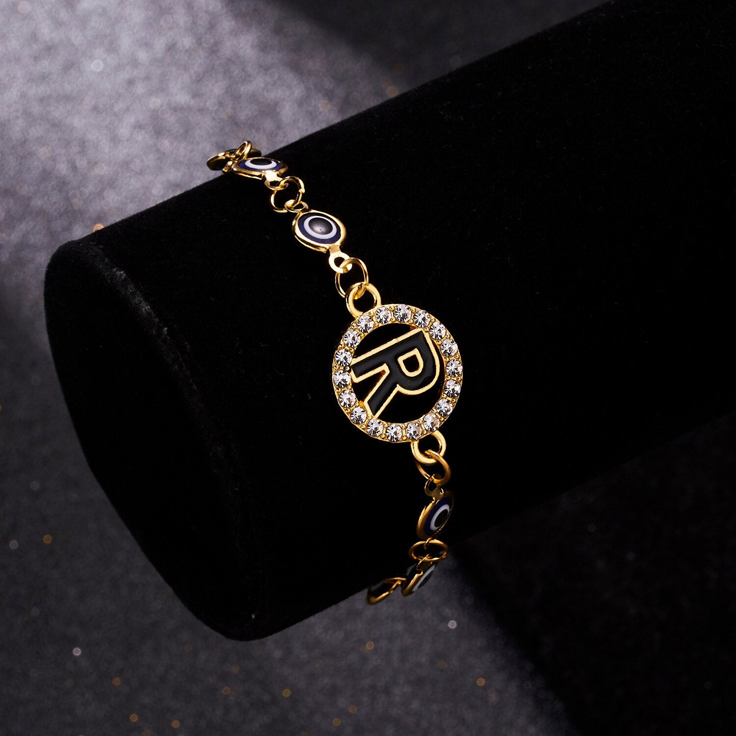 Gold Color Bangle Rhinestone Blue Eyes Letter Bracelet For Women
