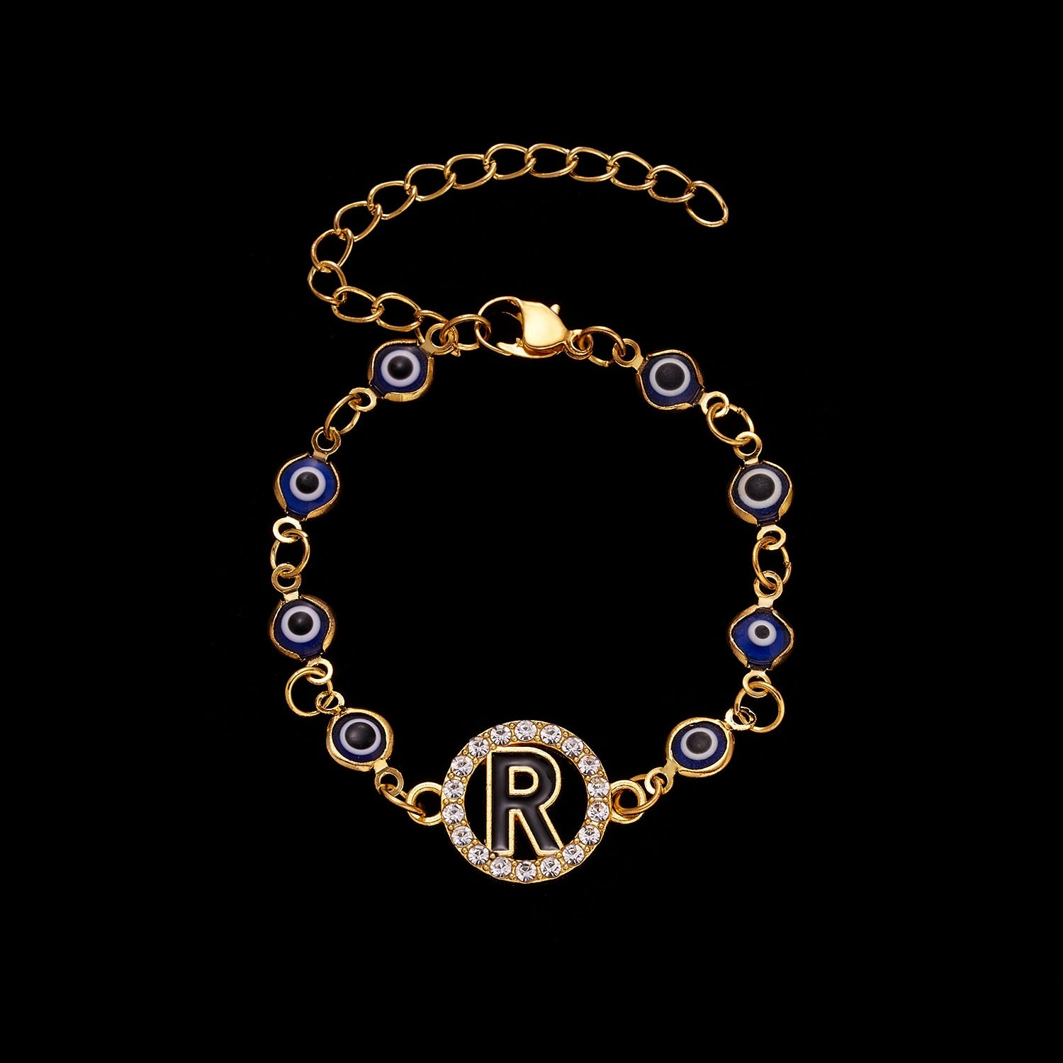 Gold Color Bangle Rhinestone Blue Eyes Letter Bracelet For Women