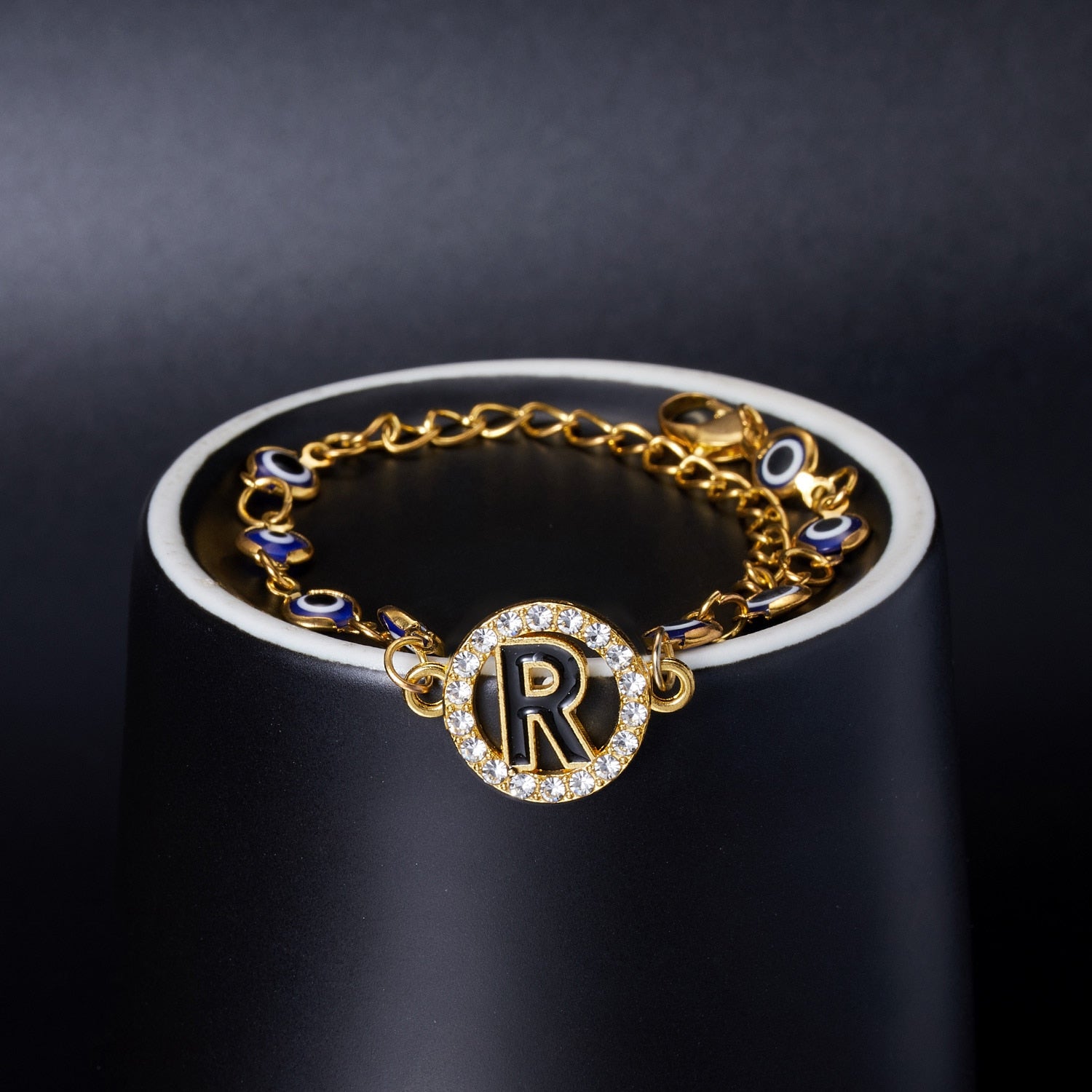Gold Color Bangle Rhinestone Blue Eyes Letter Bracelet For Women