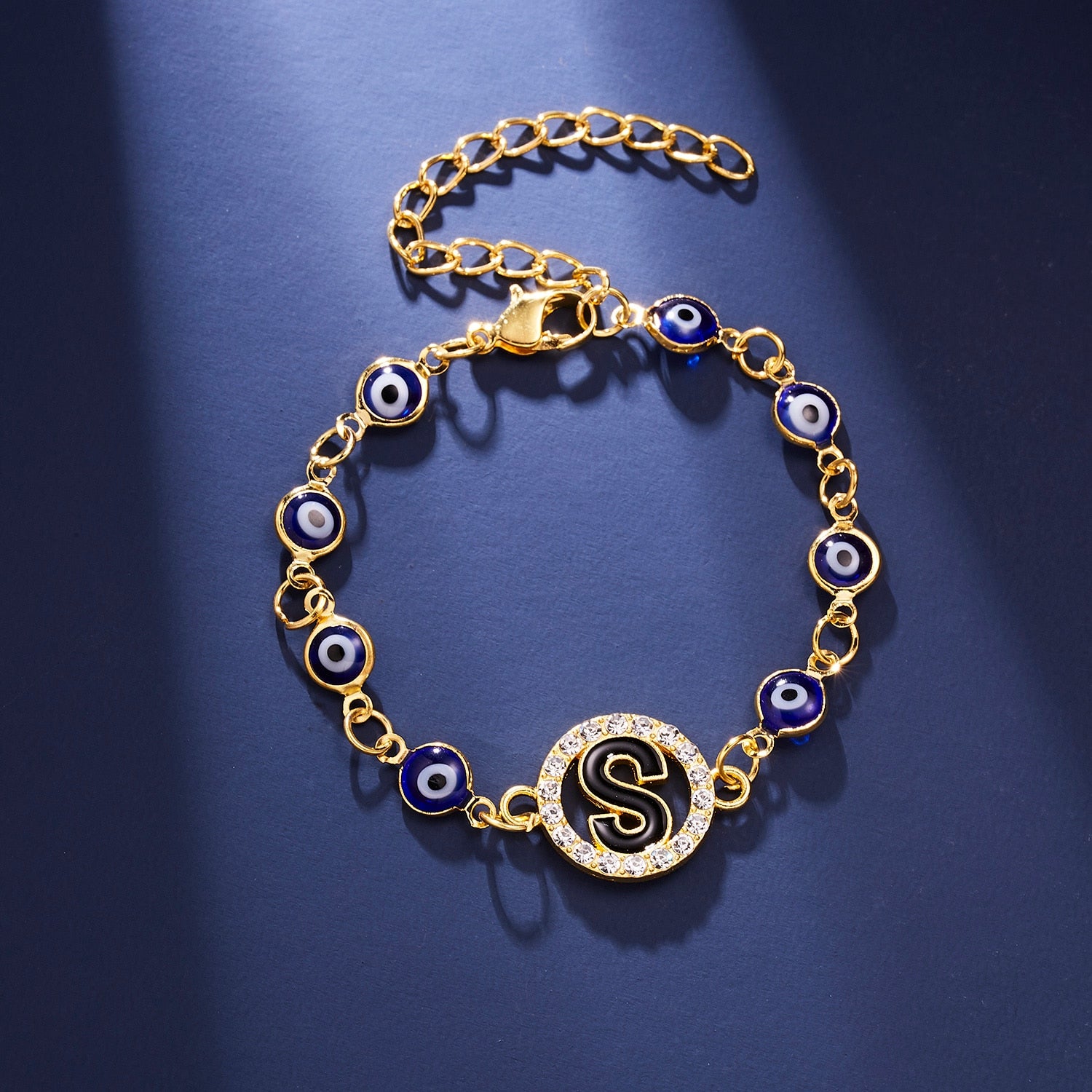 Gold Color Bangle Rhinestone Blue Eyes Letter Bracelet For Women