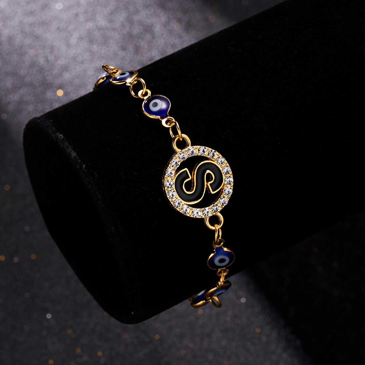 Gold Color Bangle Rhinestone Blue Eyes Letter Bracelet For Women