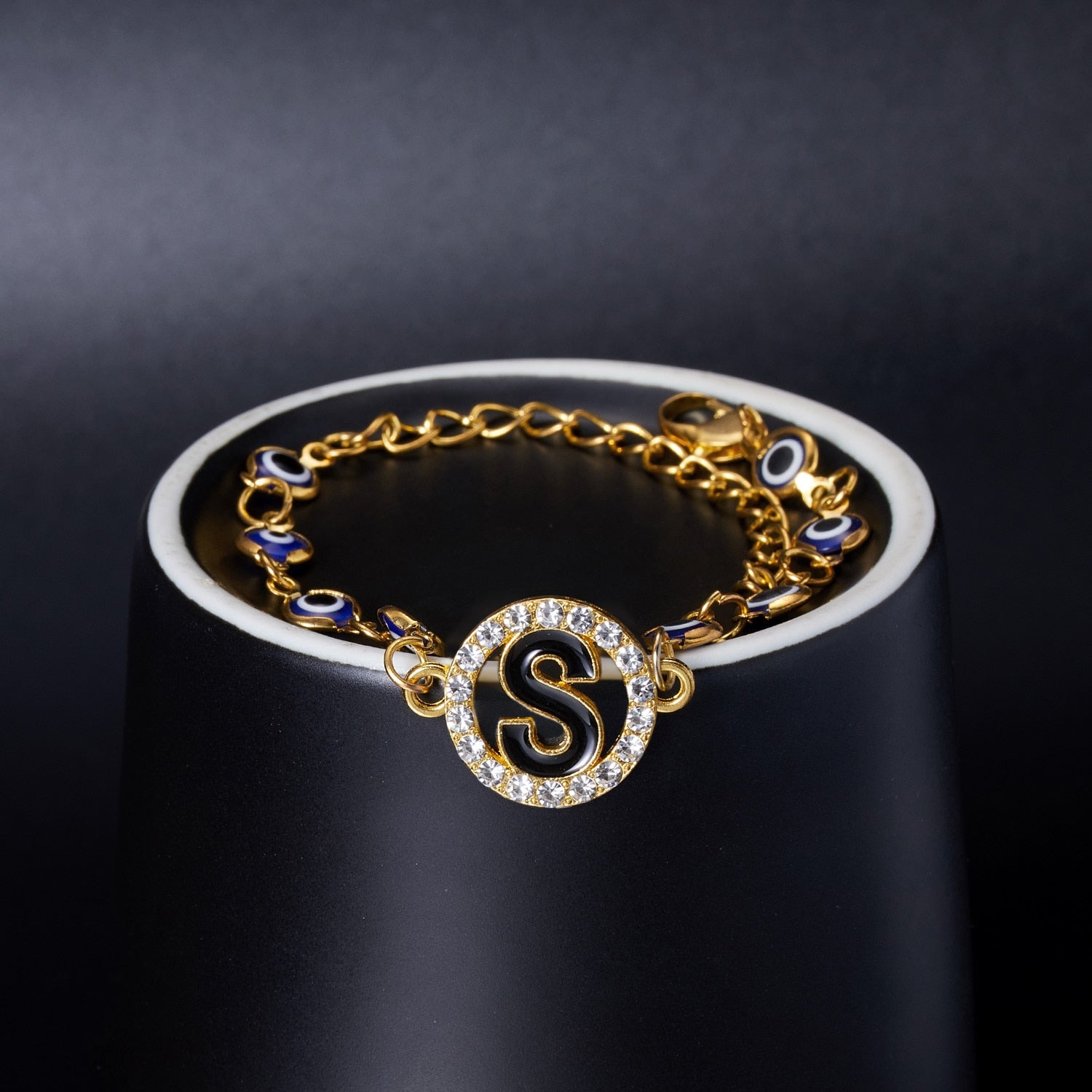 Gold Color Bangle Rhinestone Blue Eyes Letter Bracelet For Women