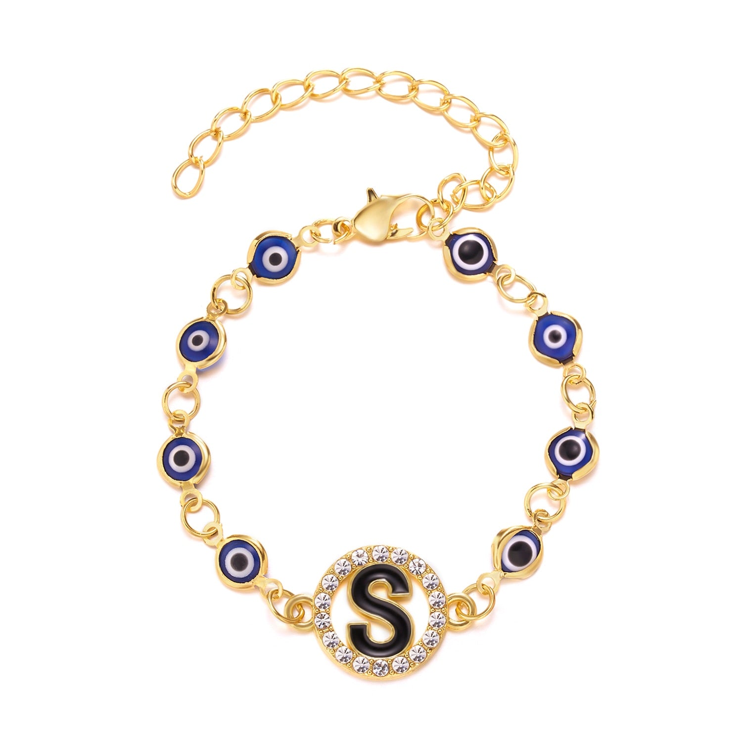 Gold Color Bangle Rhinestone Blue Eyes Letter Bracelet For Women