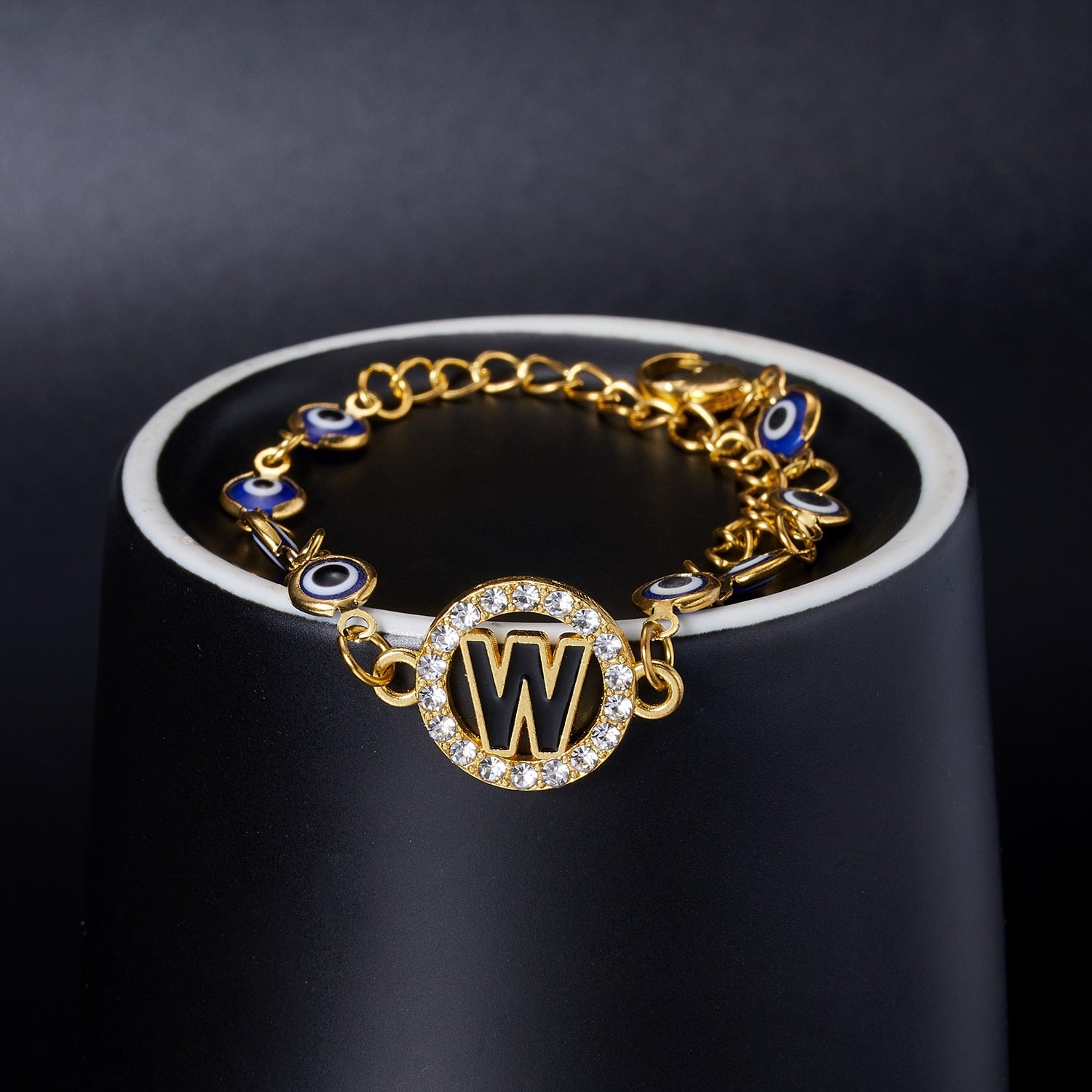 Gold Color Bangle Rhinestone Blue Eyes Letter Bracelet For Women