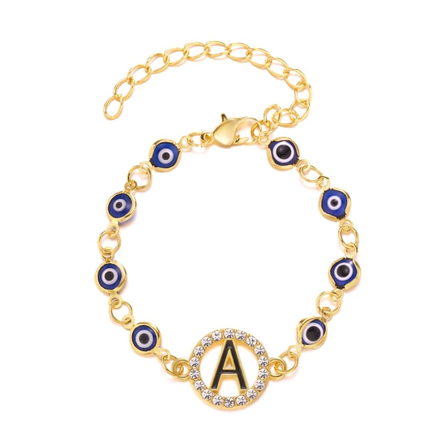 Gold Color Bangle Rhinestone Blue Eyes Letter Bracelet For Women