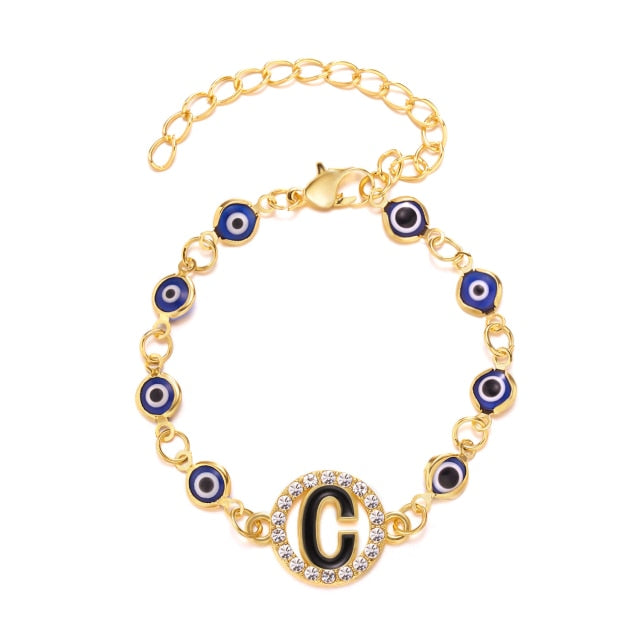 Gold Color Bangle Rhinestone Blue Eyes Letter Bracelet For Women