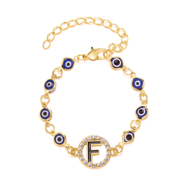 Gold Color Bangle Rhinestone Blue Eyes Letter Bracelet For Women