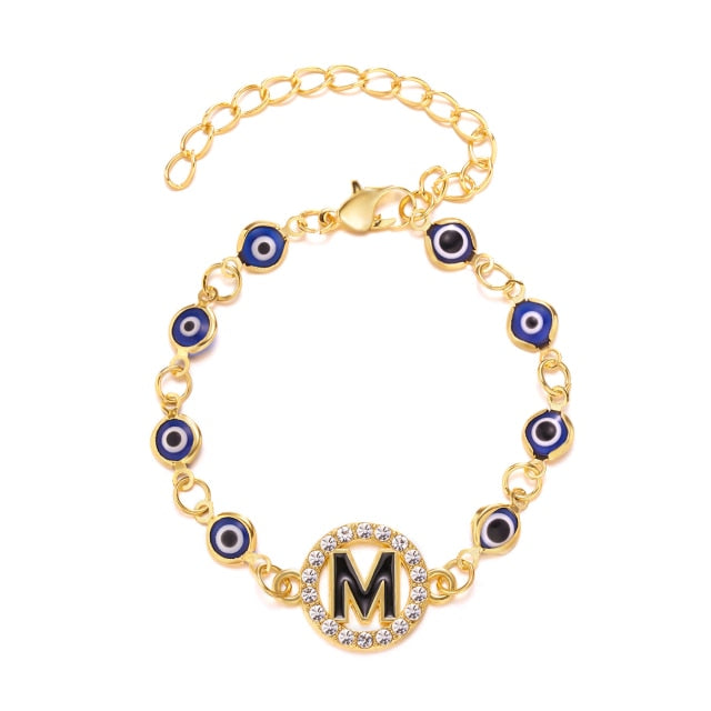 Gold Color Bangle Rhinestone Blue Eyes Letter Bracelet For Women