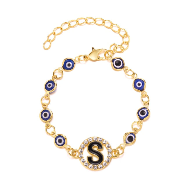 Gold Color Bangle Rhinestone Blue Eyes Letter Bracelet For Women