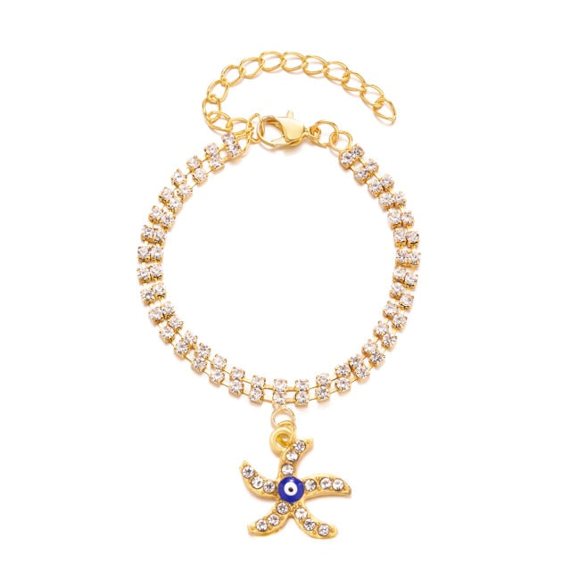 Gold Color Bangle Rhinestone Blue Eyes Letter Bracelet For Women