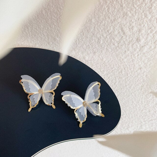 New Trendy Long Tassel Transparent Yarn Blue Purple Butterfly Earring