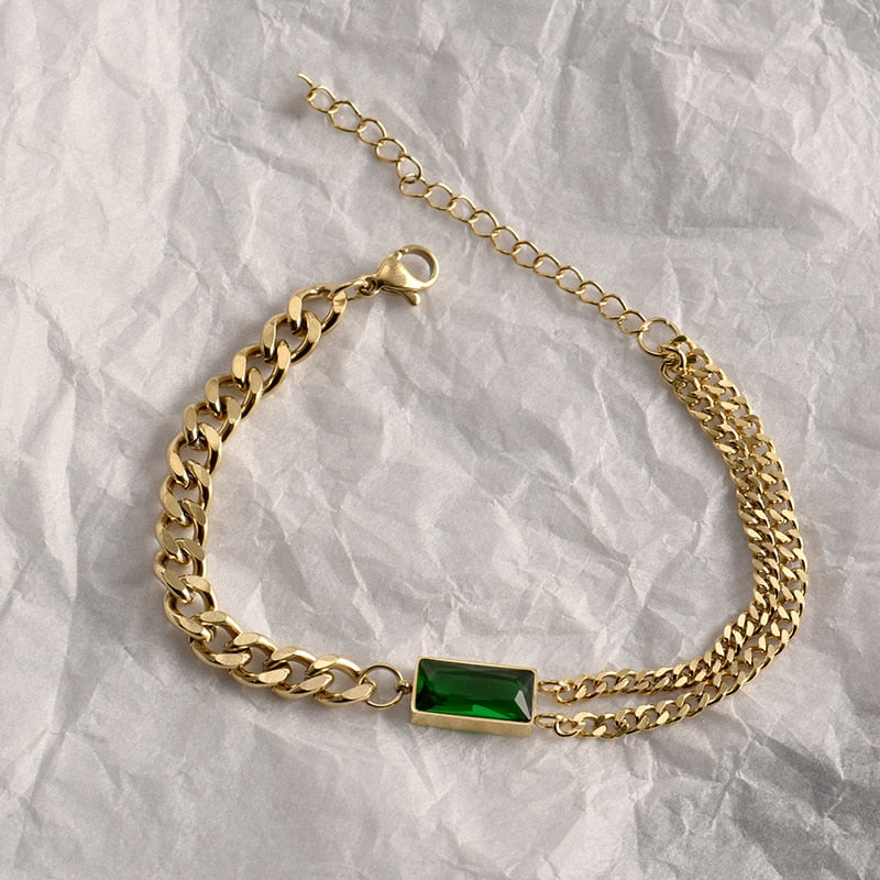 New Classic Geometric Rectangle Green Crystal  Chain Tassel Earrings