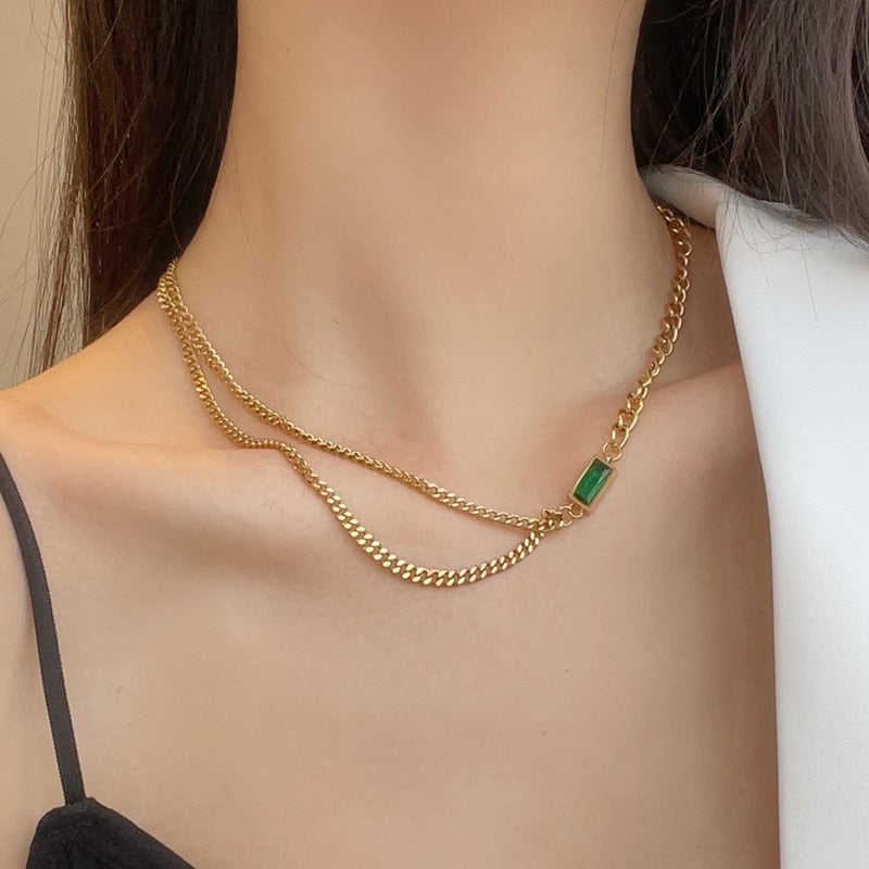 New Classic Geometric Rectangle Green Crystal  Chain Tassel Earrings