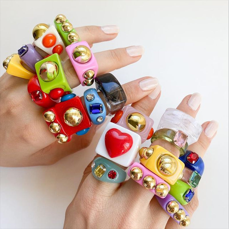 Fashion Multicolor Resin Acrylic Geometric Square Ring Set