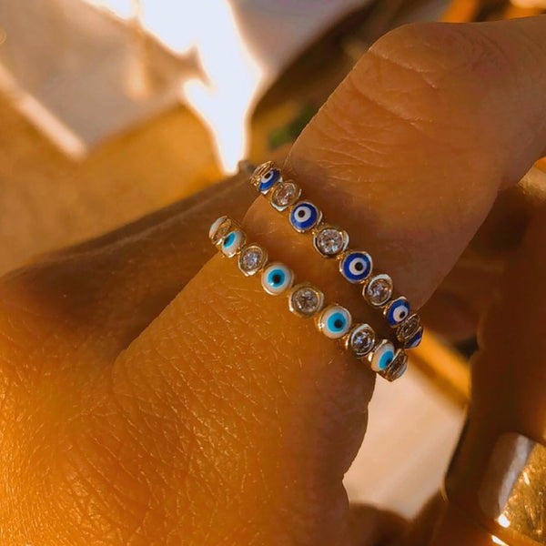 Anillos bohemios de moda con diseño de ojo malvado y diamantes de imitación para mujer