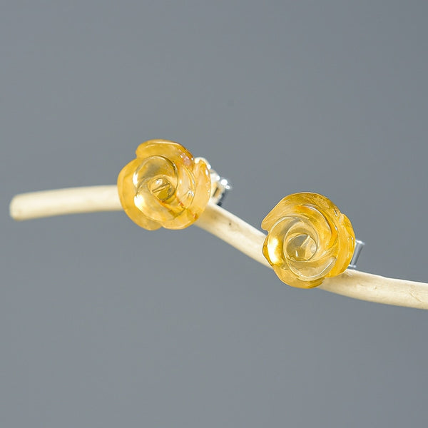 Pendientes románticos de cuarzo natural con amatista y flor de rosa