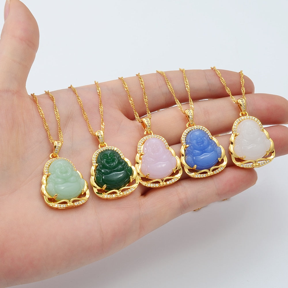 Green Blue Pink White Buddha Pendant Necklaces