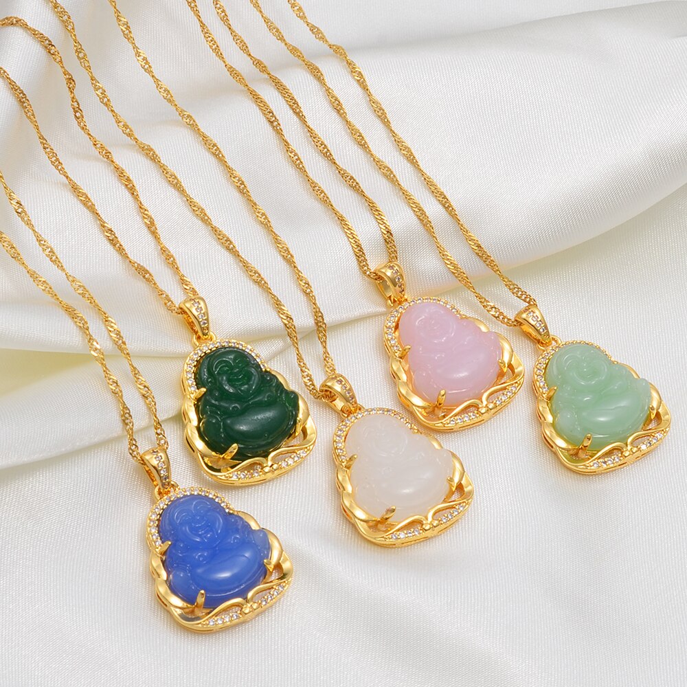 Green Blue Pink White Buddha Pendant Necklaces