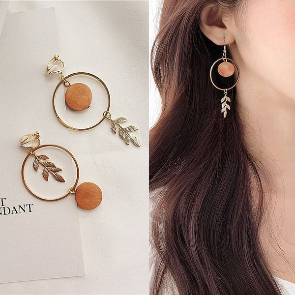 Temperament Simple AB Wood Leaf Clip On Earrings
