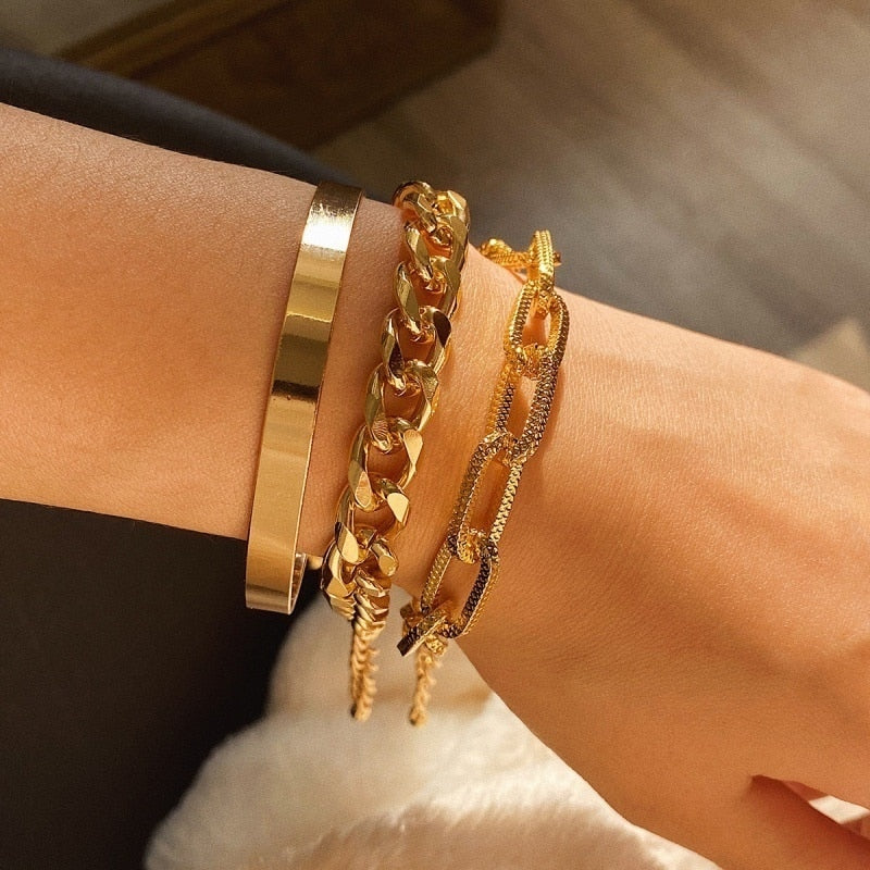Fashion Punk Curb Cuban Chain Bracelets Set