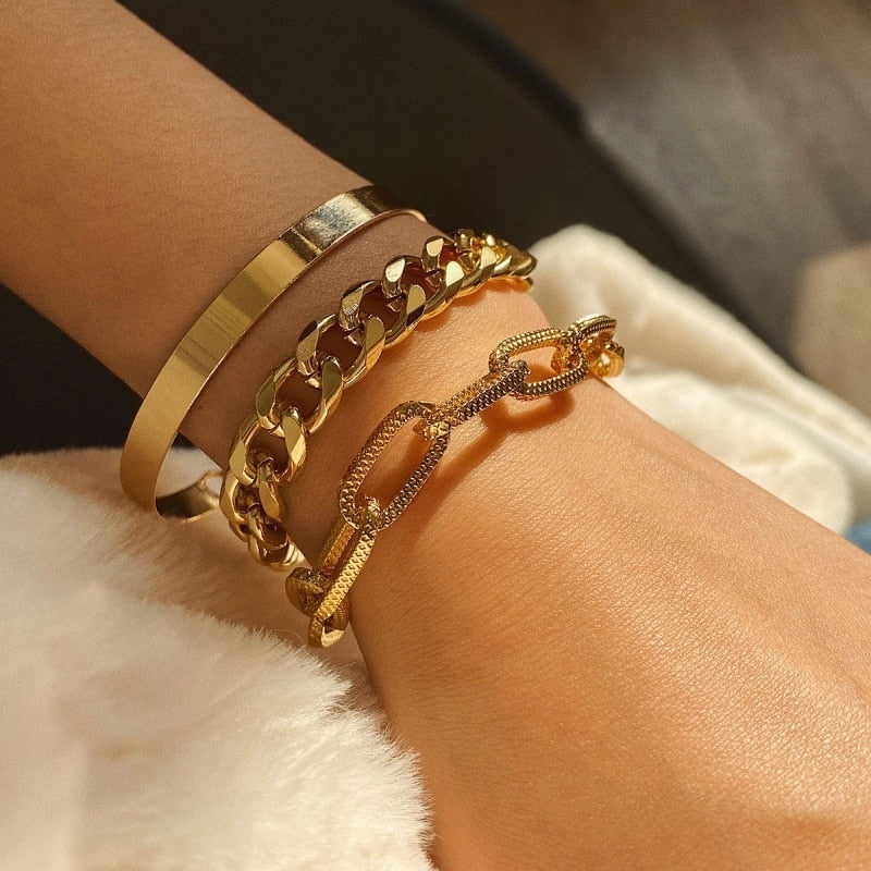 Fashion Punk Curb Cuban Chain Bracelets Set