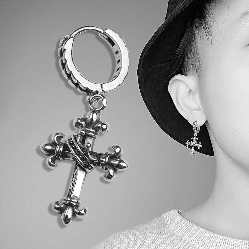 Women Antique Cross Ear Buckle Men Women Crown Drop Earrings
