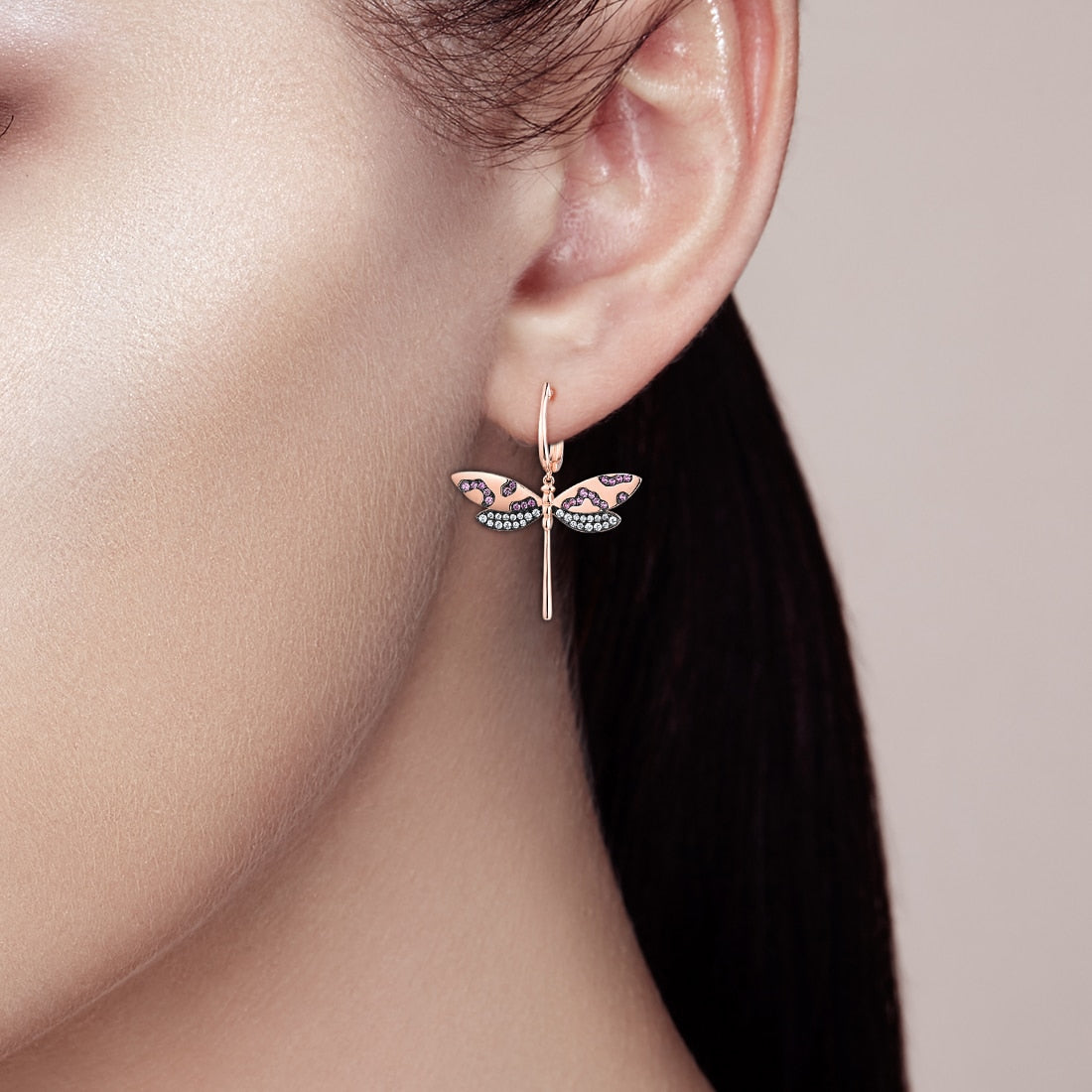 Pink Sapphire White CZ Dragonfly Earrings