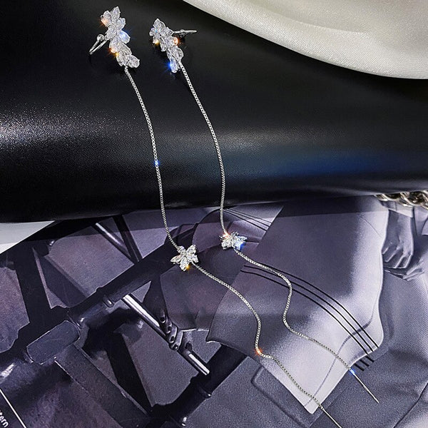 Pendientes largos con borlas y flores de cristal para mujer