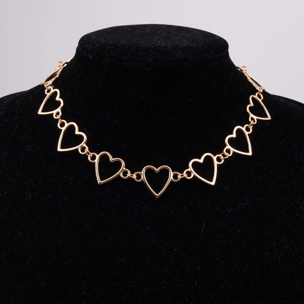 Metal Hollow Connecting Heart Neck Chain Collar Necklace