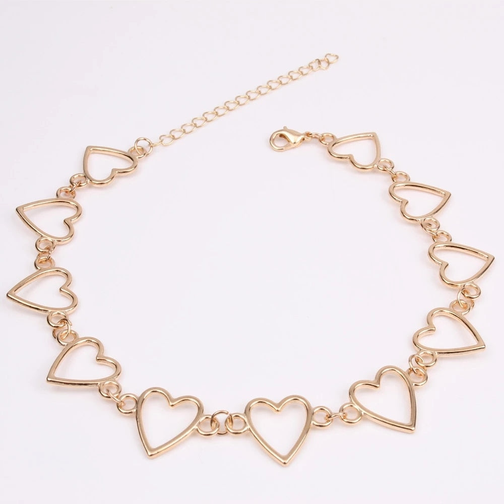 Metal Hollow Connecting Heart Neck Chain Collar Necklace