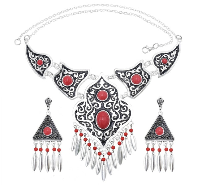 Afghan Silver Color Coin Tassel Bib Statement Necklace & Earring Sets
