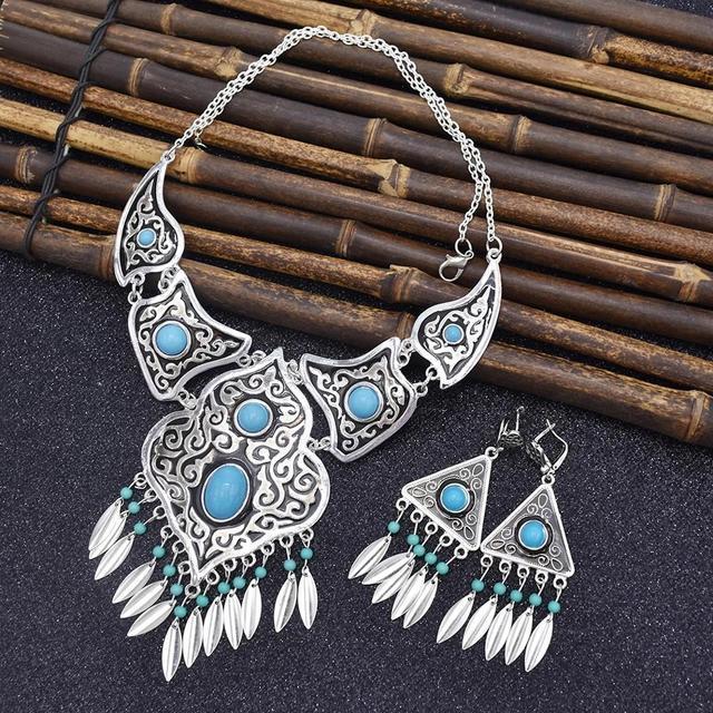 Afghan Silver Color Coin Tassel Bib Statement Necklace & Earring Sets