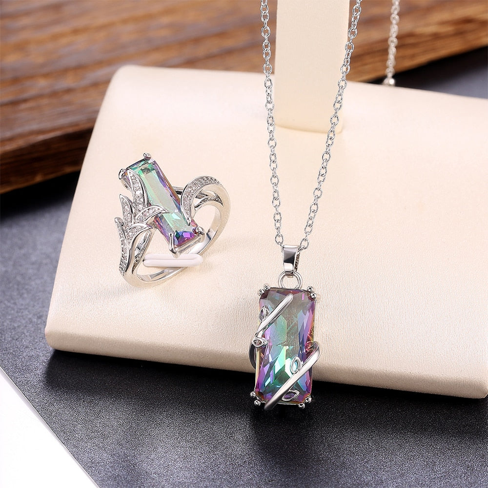 Multicolored Rectangular Stone Ring/Necklace Set