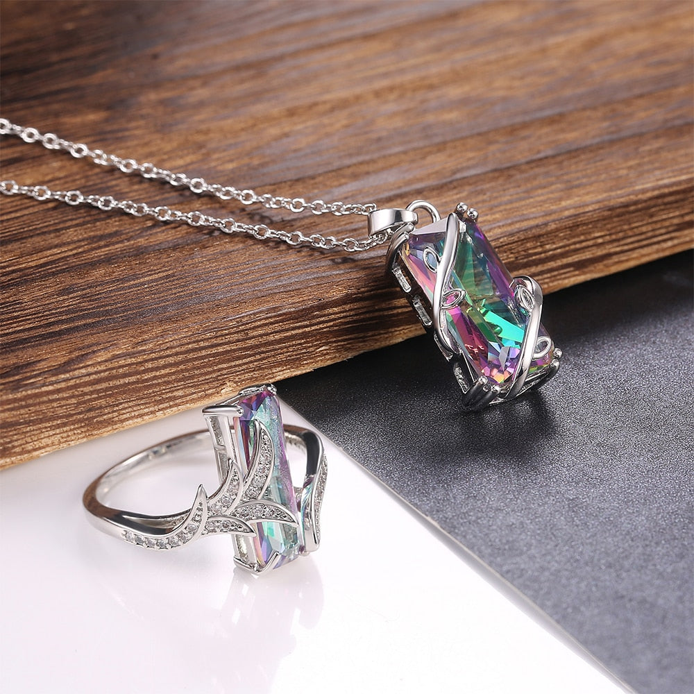 Multicolored Rectangular Stone Ring/Necklace Set