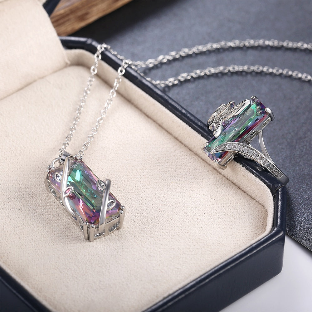 Multicolored Rectangular Stone Ring/Necklace Set