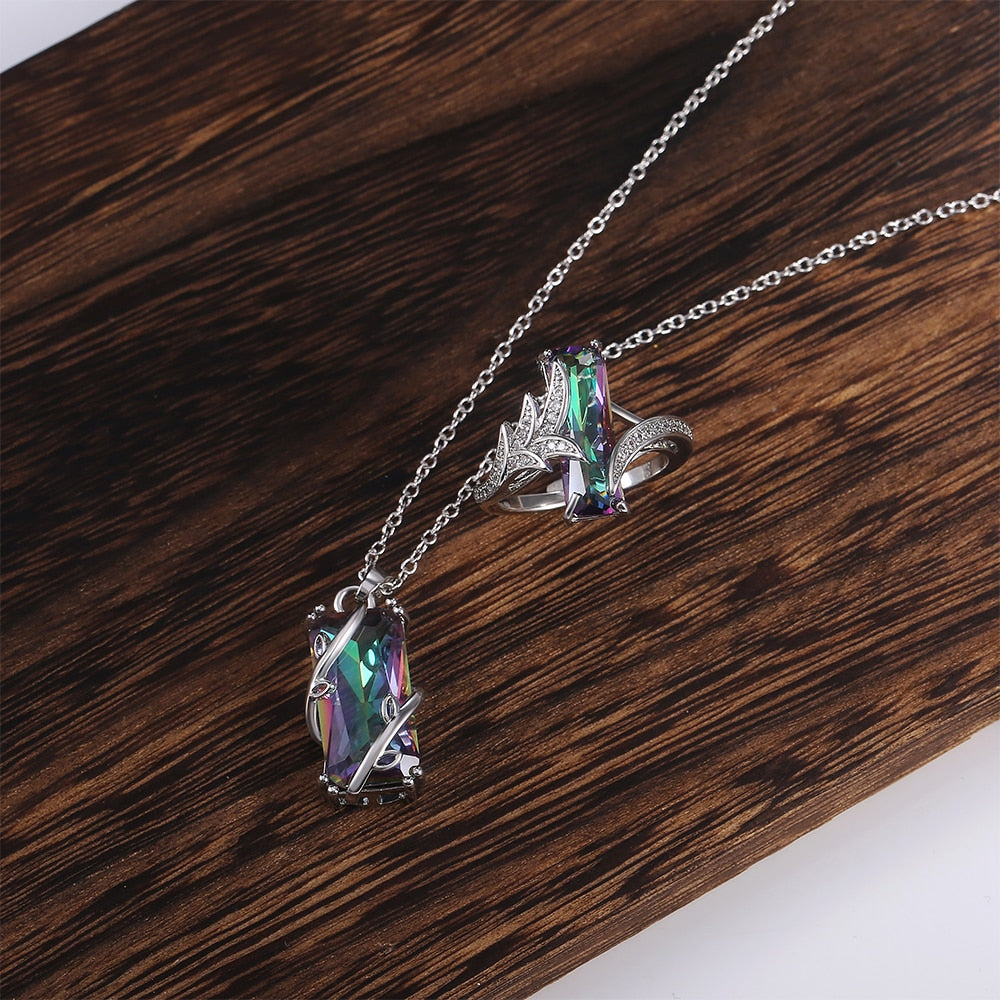 Multicolored Rectangular Stone Ring/Necklace Set