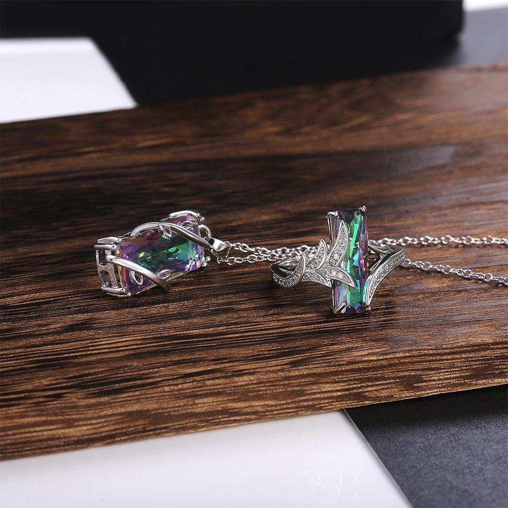 Multicolored Rectangular Stone Ring/Necklace Set