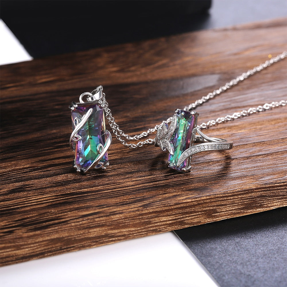 Multicolored Rectangular Stone Ring/Necklace Set
