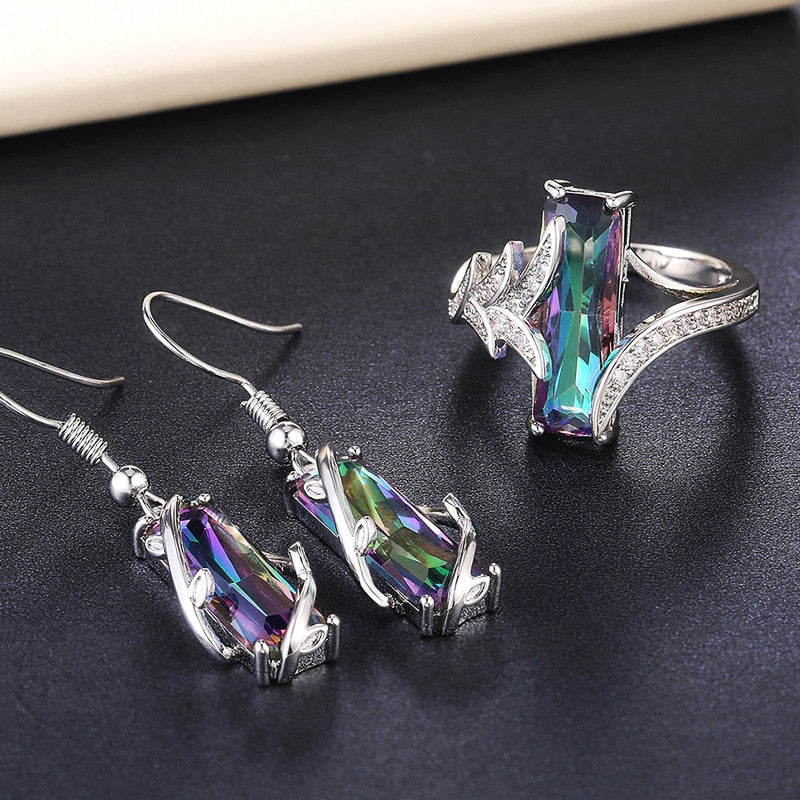Multicolored Rectangular Stone Ring/Necklace Set