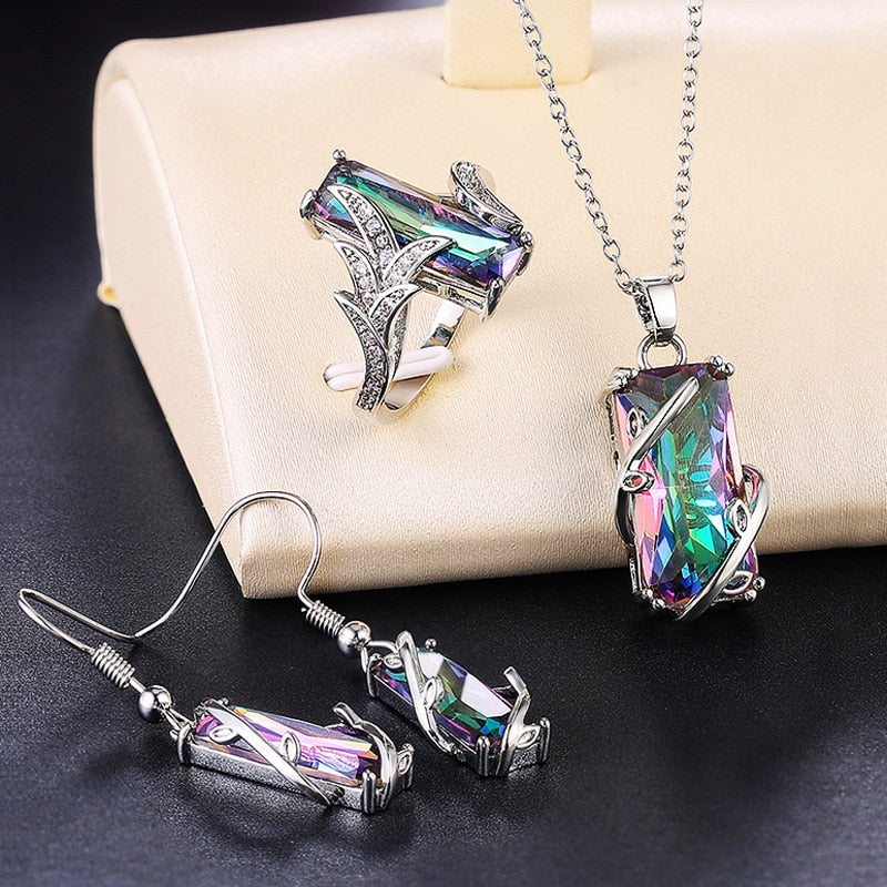Multicolored Rectangular Stone Ring/Necklace Set