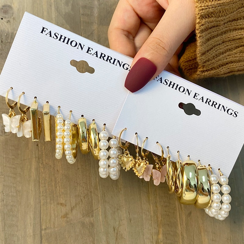 Trendy Gold Geometirc Square Round Pearl Hoop Earrings Set