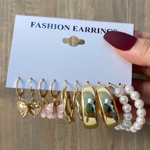 Trendy Gold Geometirc Square Round Pearl Hoop Earrings Set