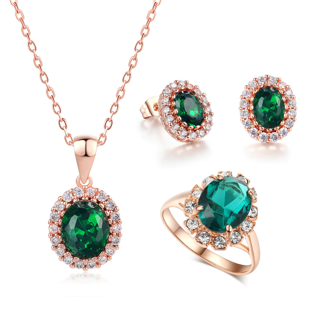 Rose Gold Color Created Green Austrian Crystal Jewelry Set