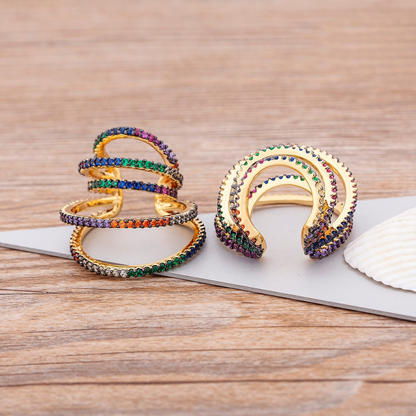 Pendientes de clip multicapa de moda con circonitas de cobre de colores vibrantes