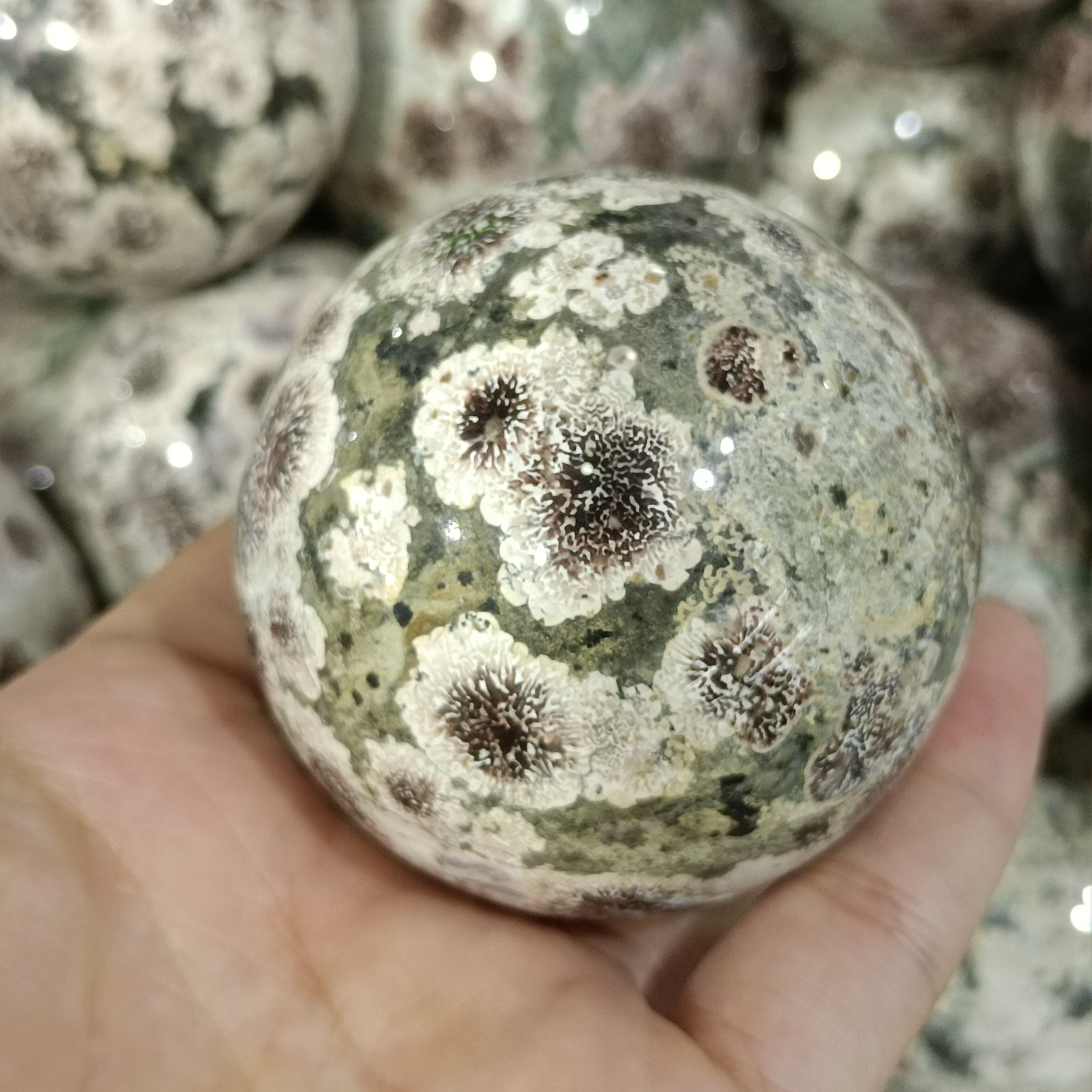 Natural green cherry blossom agate  gem ball